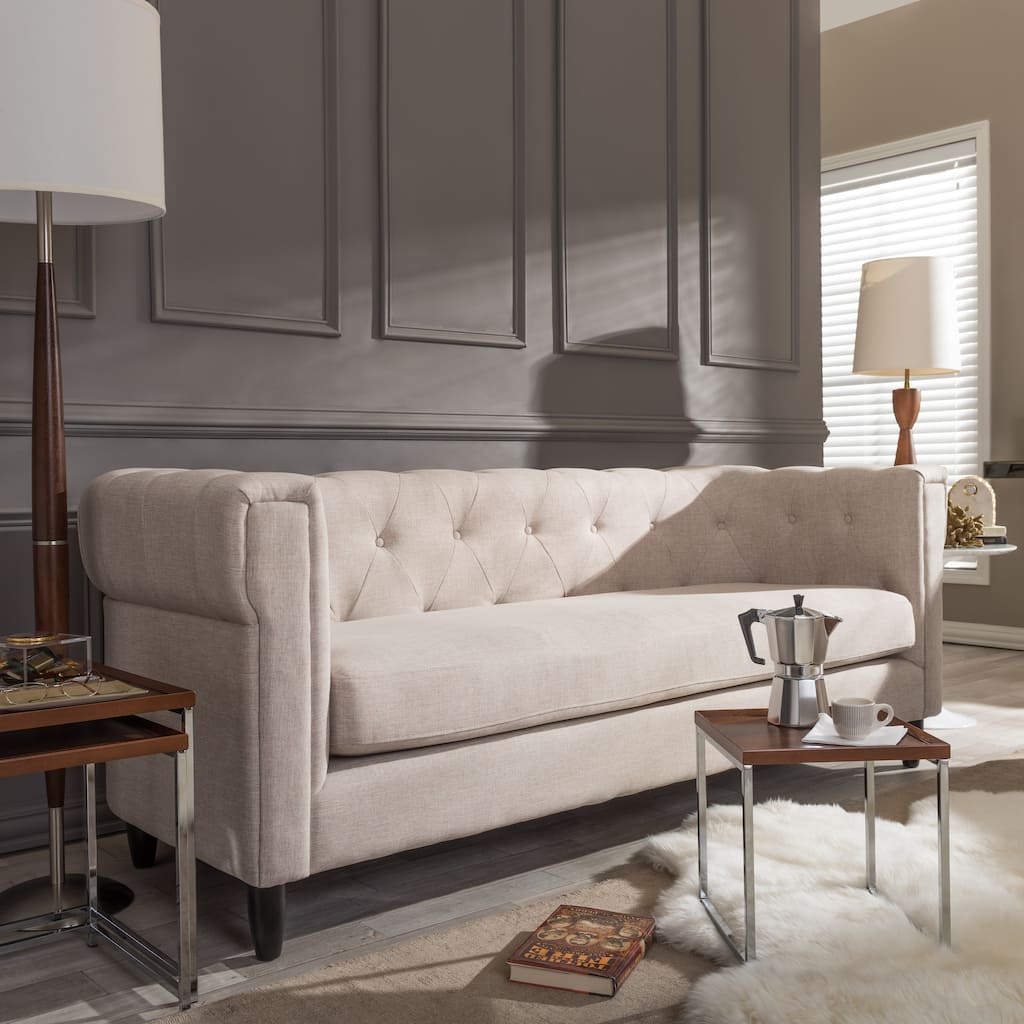 Baxton Studio Beige Linen Chesterfield Sofa