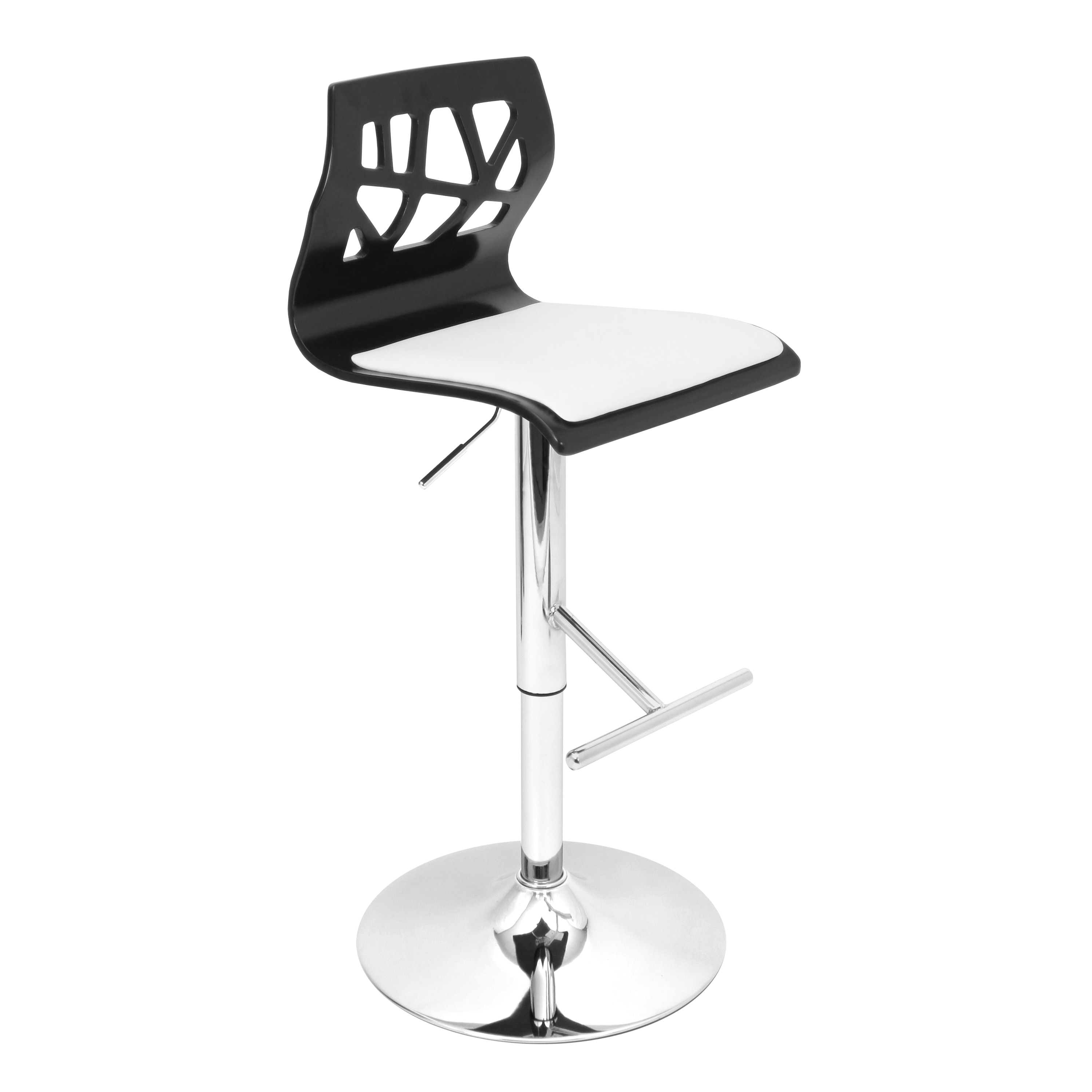Folia Black Wood Adjustable Barstool (Black wood, white seatMaterials Wood, PU, foam, chromeHardware finish Chrome base, pole and footrestNumber of Stools OneSeat height Adjusts from 26 to 31 inchesBackrest height 12 inchesSeat dimensions 16 inches 
