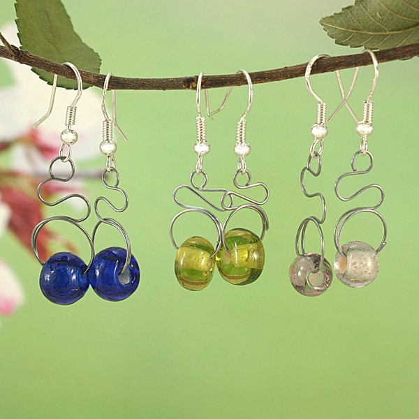 Handcrafted Recycled Glass Beads Tribal Stainless Steel Wire Earrings