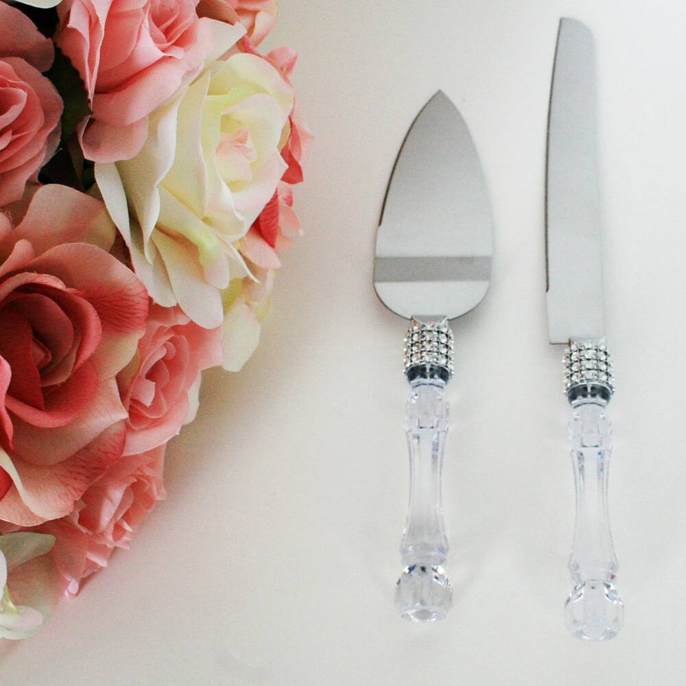 Wedding Party Cake Knife Server Set with Faux Crystal Handle and Diamond Accents