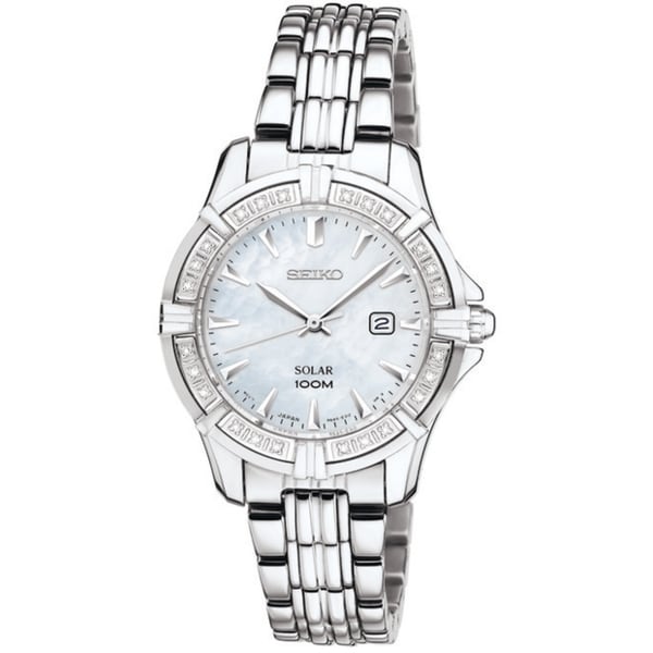 Seiko Women's Solar Mother of Pearl Dial Silver Diamond Watch - Free ...