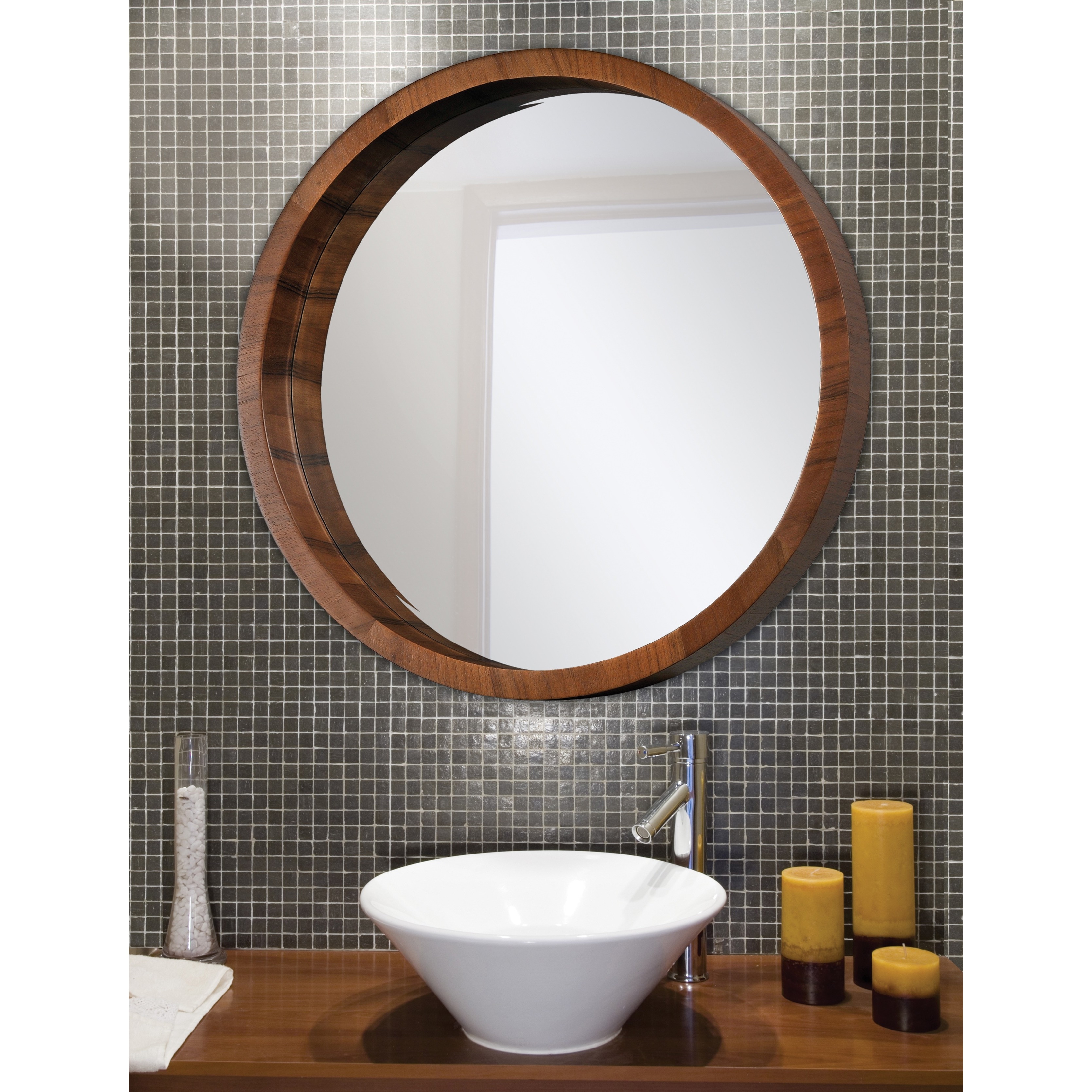 Walnut Frame Beveled Round Mirror