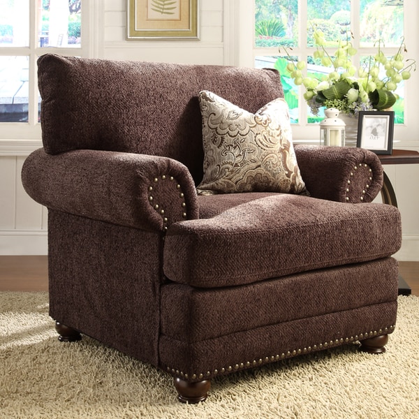 Graciela Chocolate Chenille 1 pillow Traditional Nail Head Sofa Chairs