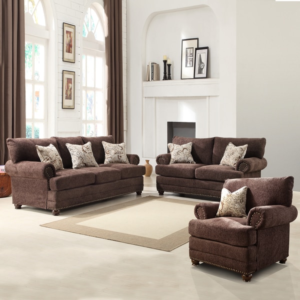 Graciela Chocolate Chenille Traditional 3-piece Living Room Set ...