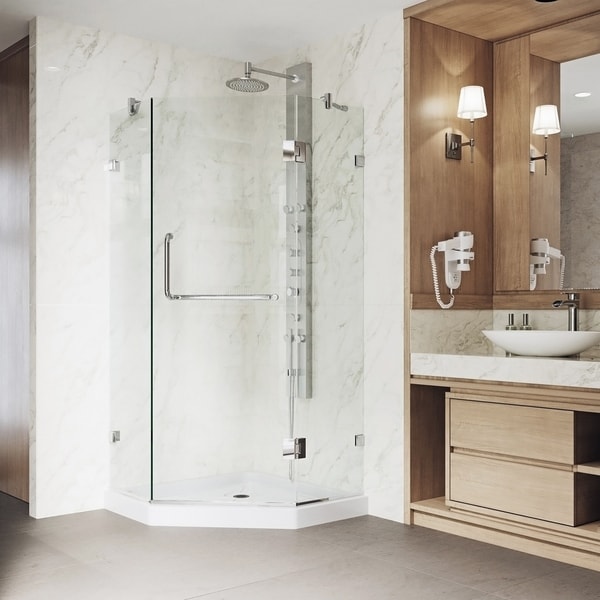 VIGO Frameless Neo-Angle Clear Glass Shower Enclosure with Low-Profile Base in Brushed Nickel