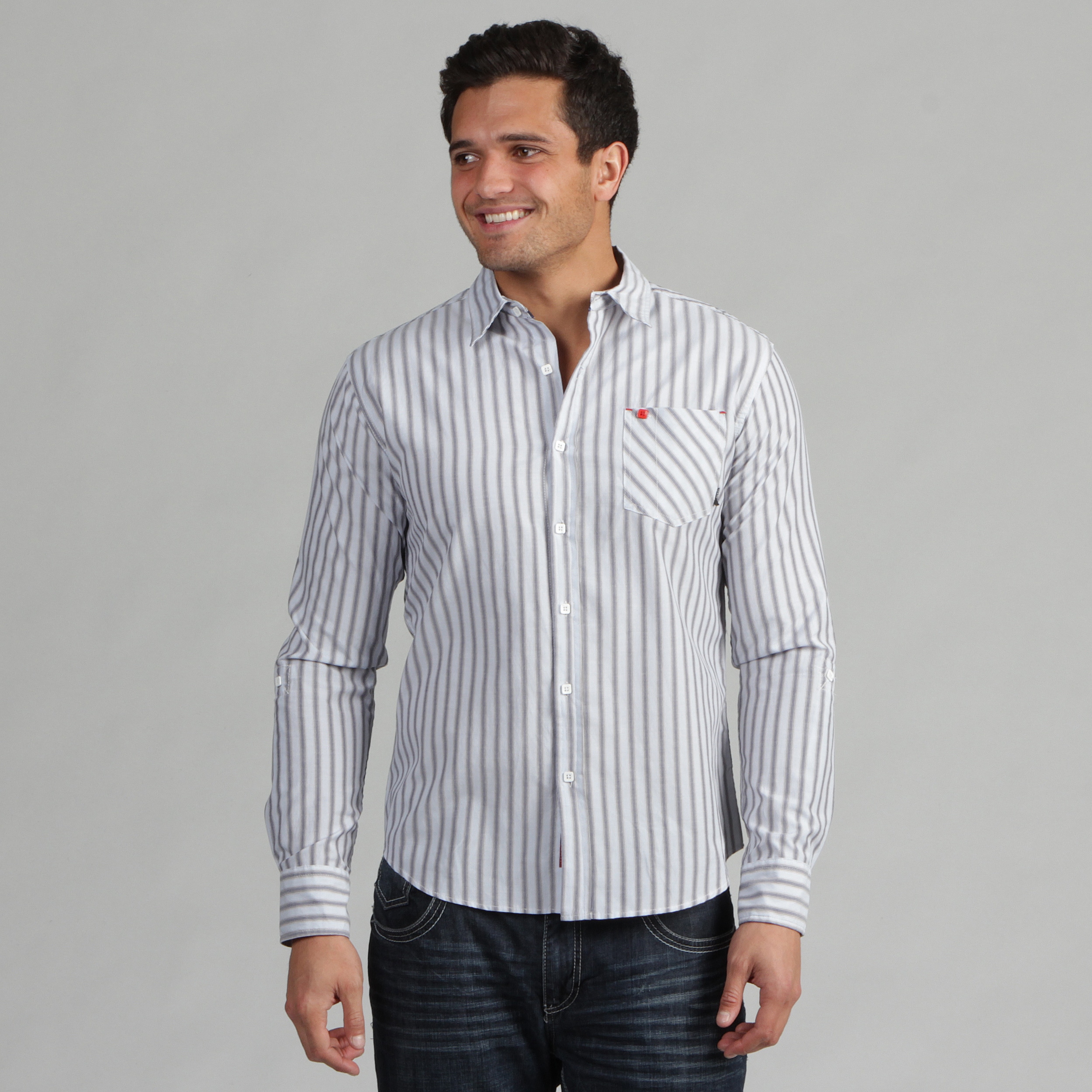 191 Unlimited Mens Grey Stripe Button Up Shirt