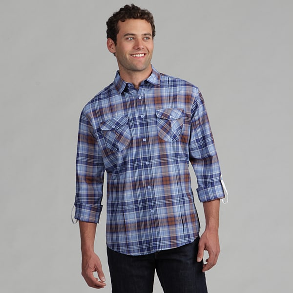 191 Unlimited Mens Blue/Brown Plaid Subtly Detailed Woven Shirt 191 Unlimited Casual Shirts