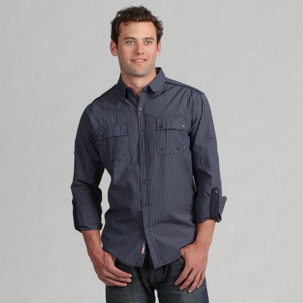 191 Unlimited Mens Blue Stripe Woven Shirt