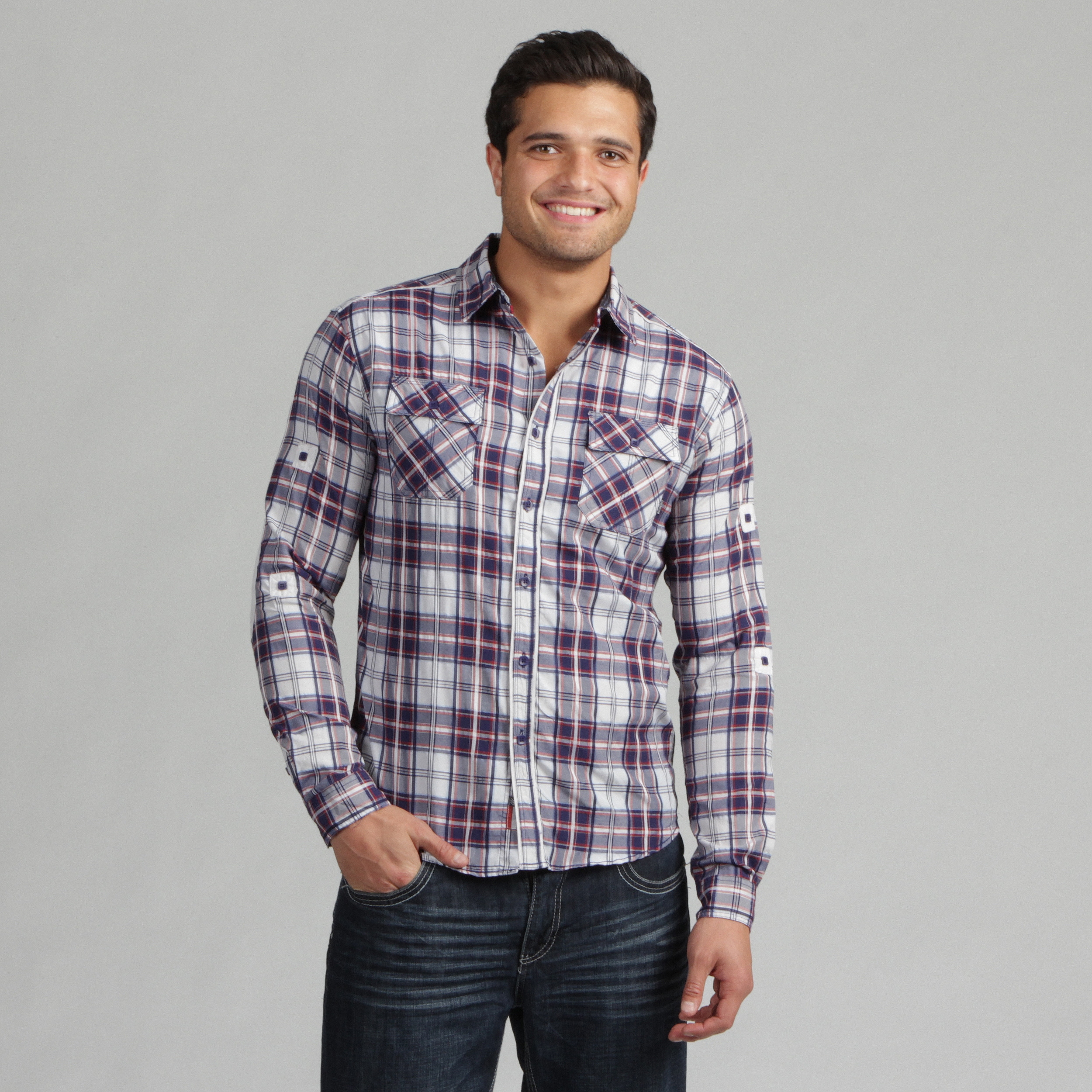 191 Unlimited Mens Blue Plaid Subtly Detailed Woven Shirt