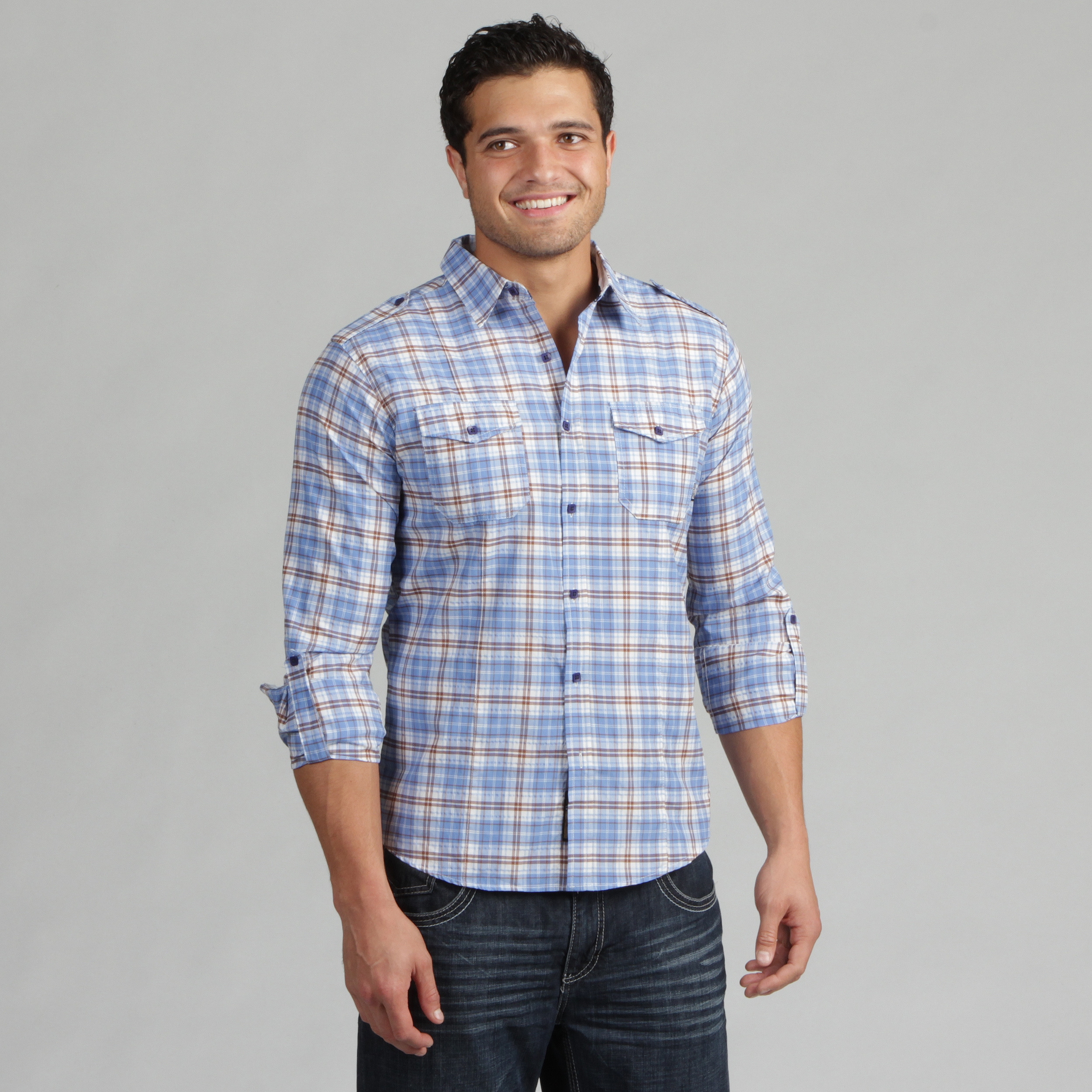 191 Unlimited Mens Blue Plaid Woven Shirt