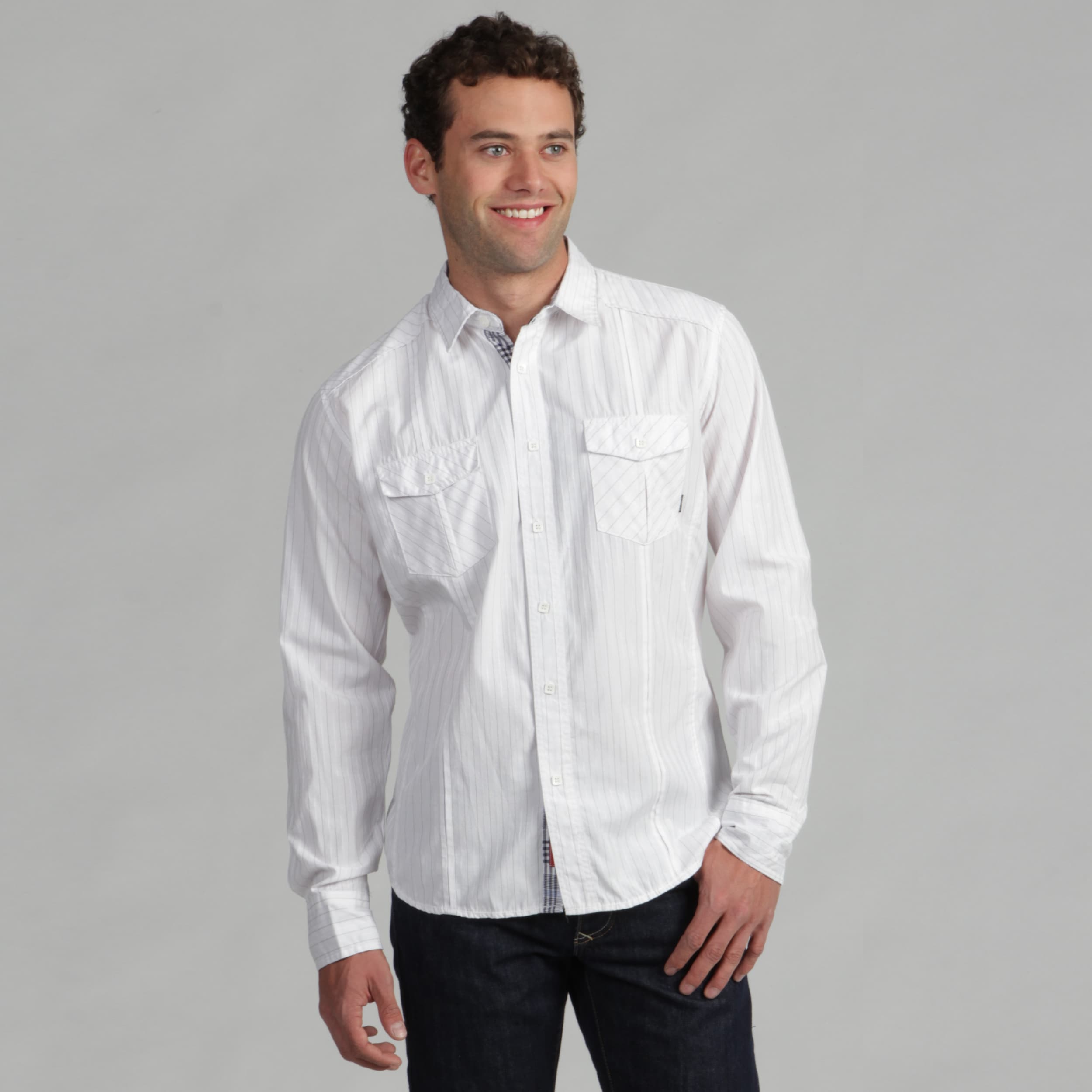 191 Unlimited Mens White Gray pinstripe Woven Shirt