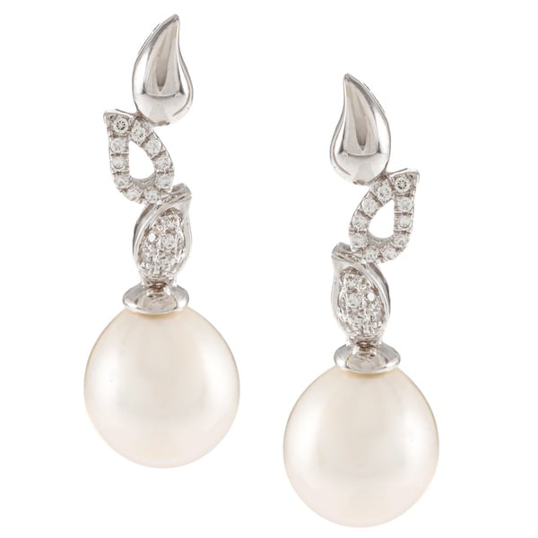 Kabella Sterling Silver Drop Freshwater Pearl with Cubic Zirconia Falling Leaf Earrings (9 10mm) Kabella Jewelry Pearl Earrings