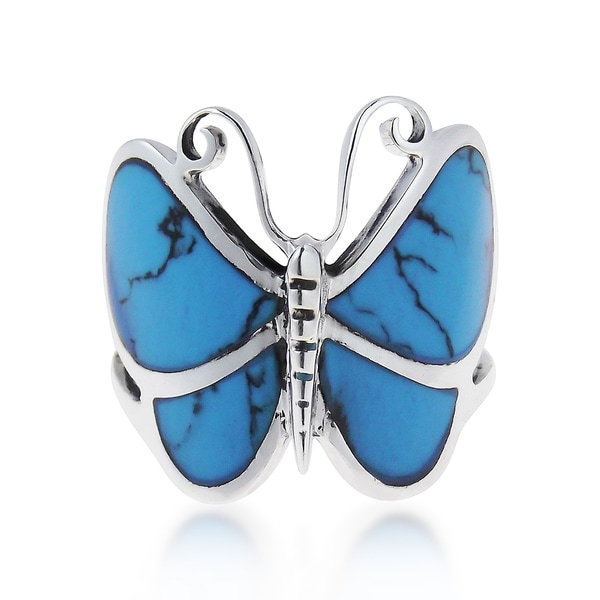 Handmade Sterling Sliver Chic Butterfly Motif Stone Ring (Thailand) - Blue