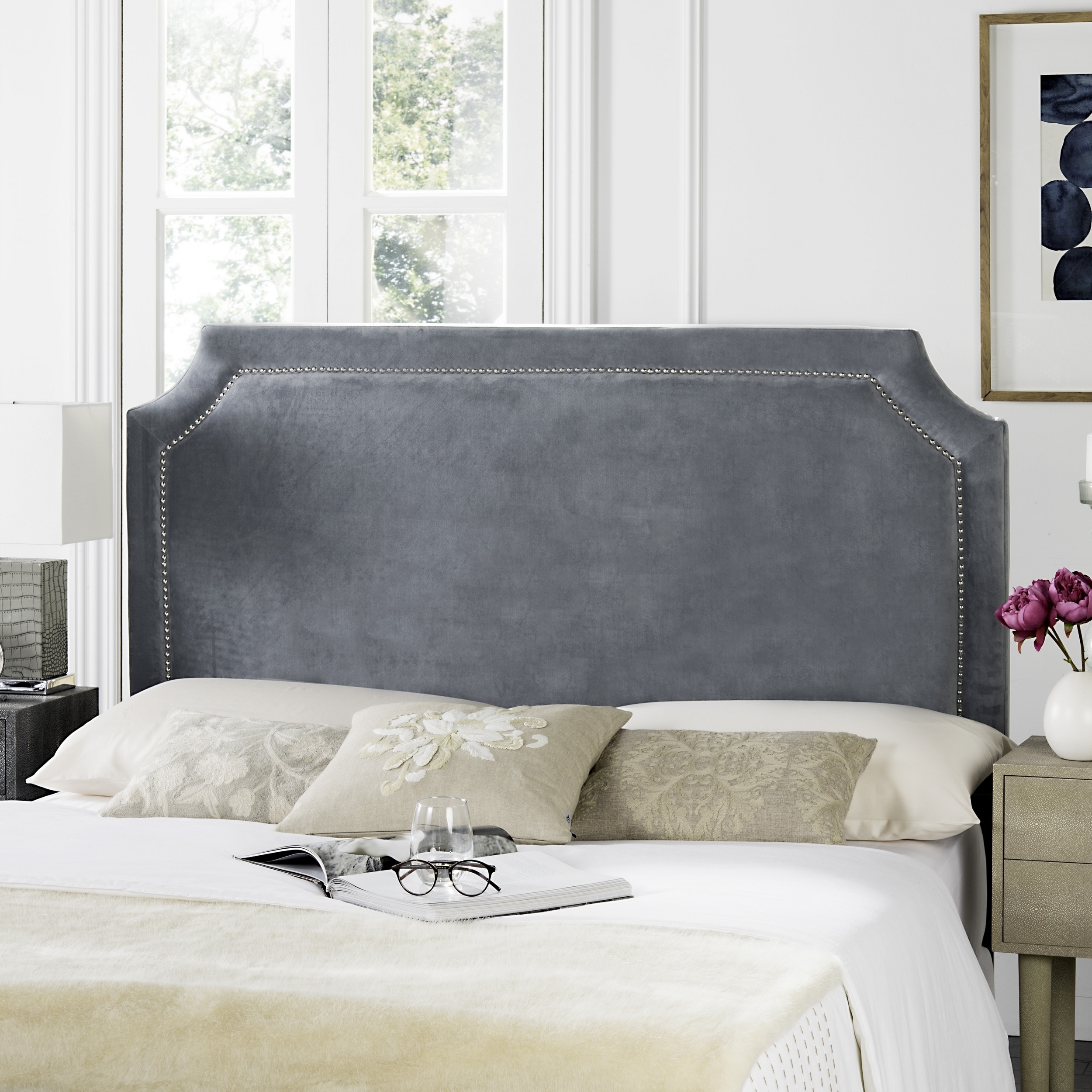 Safavieh Shayne Grey Suede Upholstered Headboard Silver Grey Full