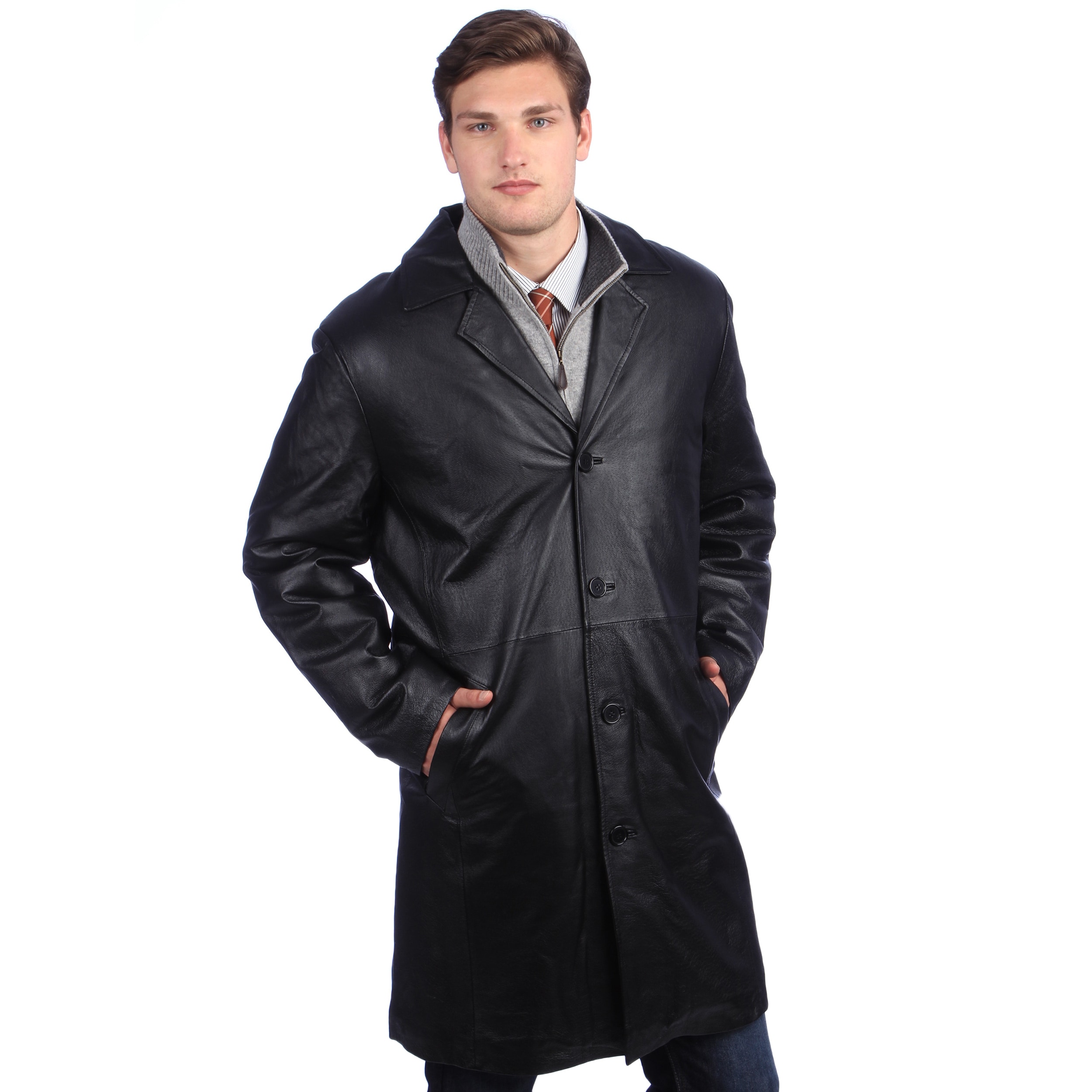 Ramonti Mens Black Leather Long Walking Coat