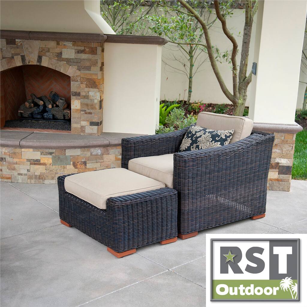 RST Resort Collection Espresso Club Chair and Ottoman Rattan Patio Furniture Set