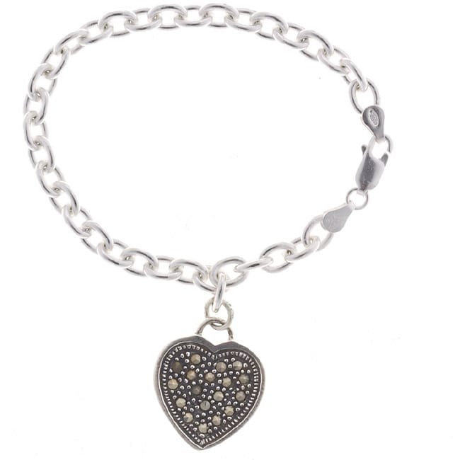 Glitzy Rocks Sterling Silver Marcasite Heart Charm Bracelet