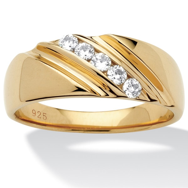 Men's .50 TCW Round Cubic Zirconia Diagonal Ring in 18k