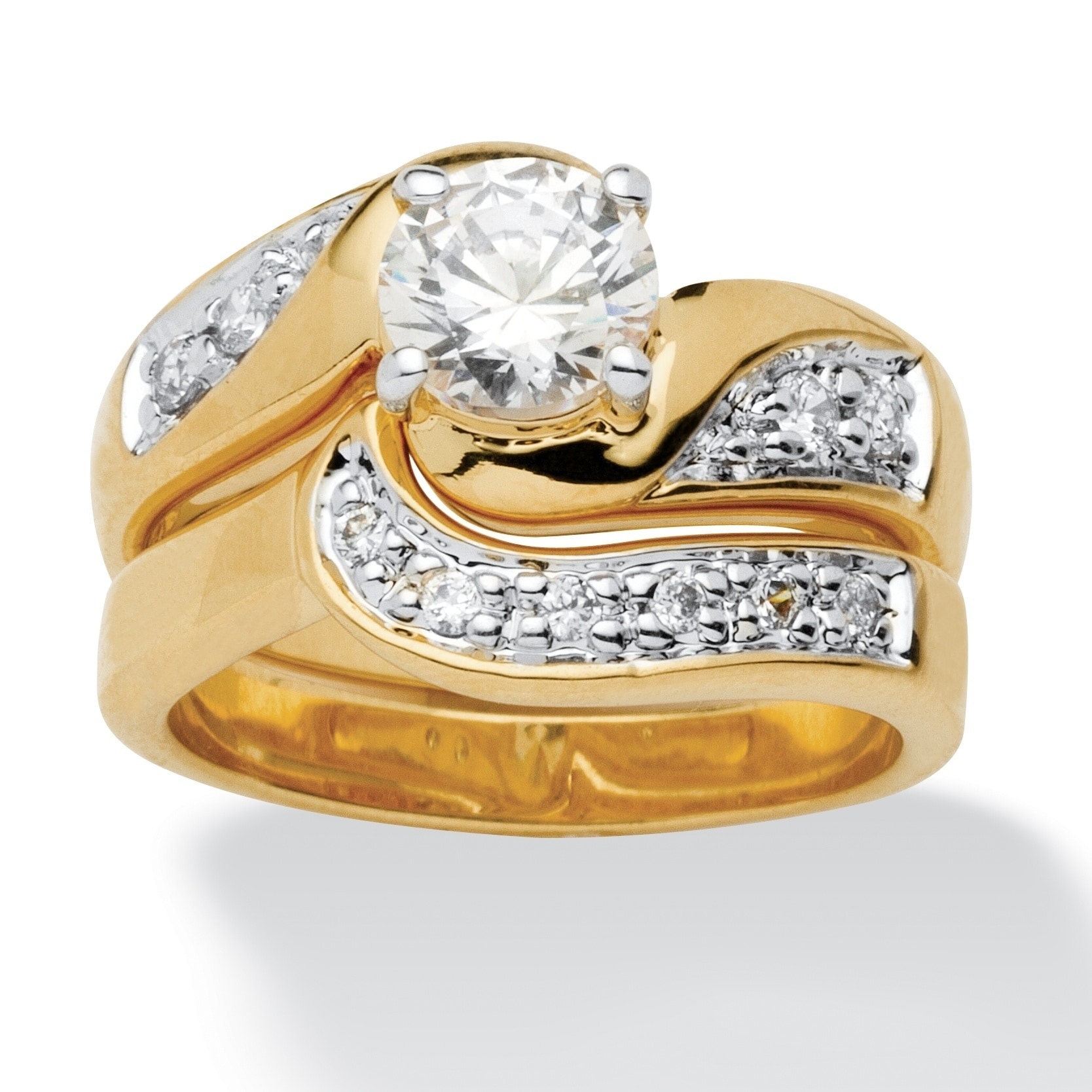 Ultimate CZ 14k Gold plated Swirled Wedding Ring Set