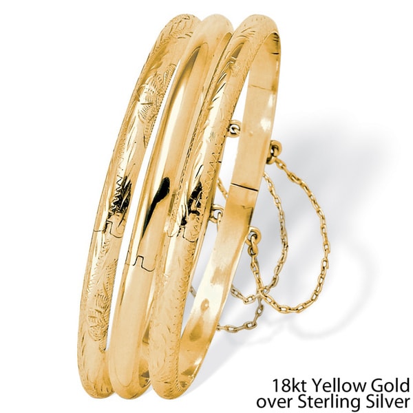 Polished Engraved Three-Piece Bangle Set in Sterling Silver or 18k Gold over Sterling Silv