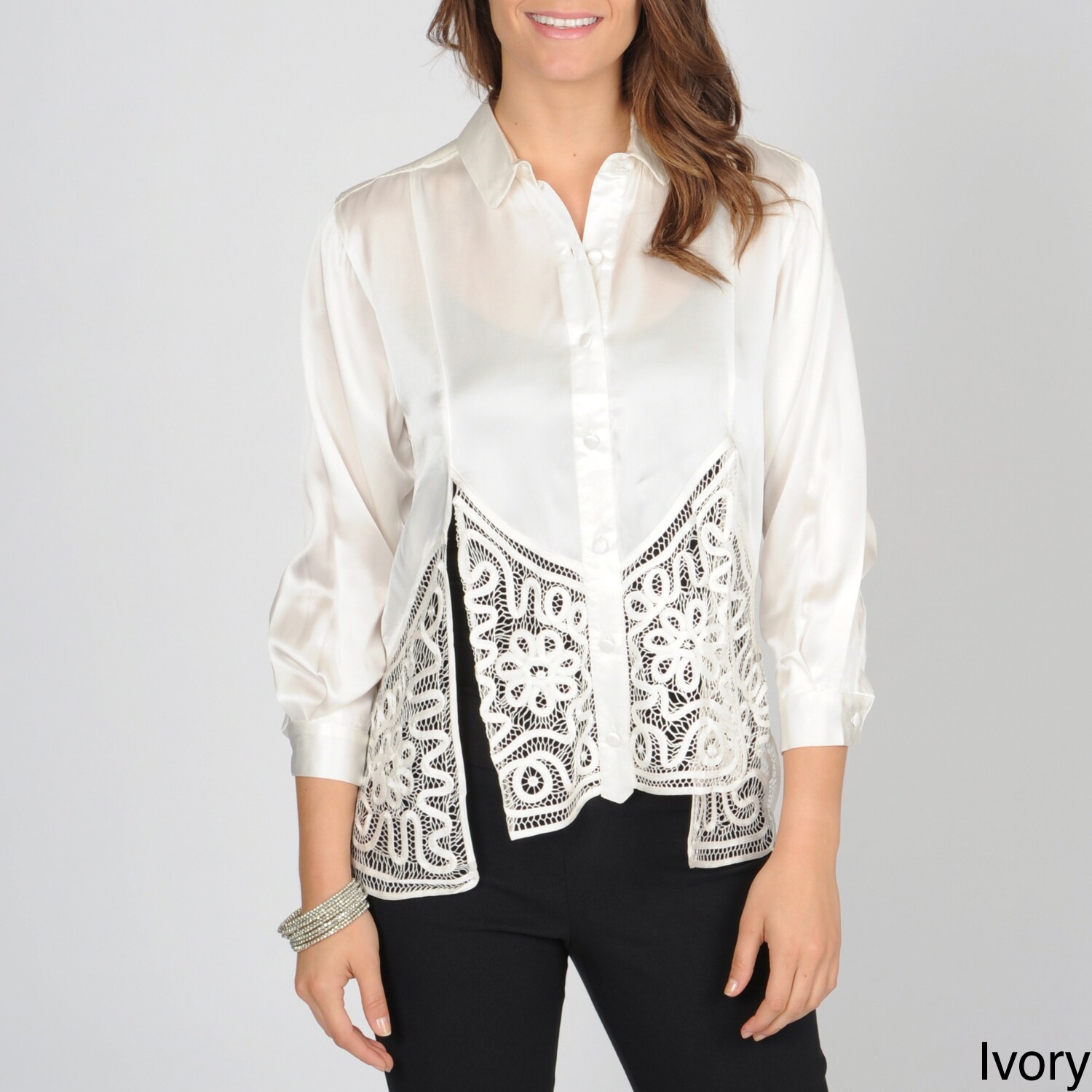 Soulmates Womens Button Down Silk Top With Hand Crafted Detail