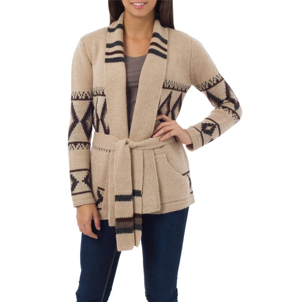 Andean Sierra 100-percent Alpaca Beige Patterned with Pockets Shawl Collar and Self Tie Belt Womens Long Sweater Jacket (Peru)