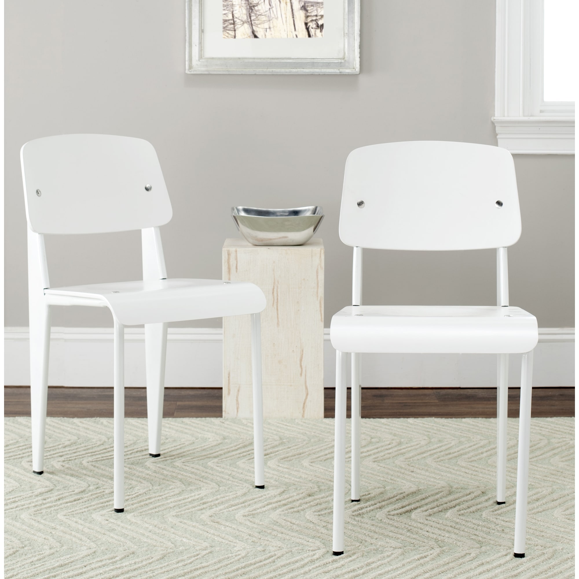 Safavieh Nembus White Side Chair (set Of 2) (WhiteMaterials SteelSeat dimensions 16.5 inches wide x 15.7 inches deepSeat height 17.7 inchesDimensions 32.3 inches high x 16.5 inches wide x 19.3 inches deepThis product will ship to you in 1 box.Furnitur