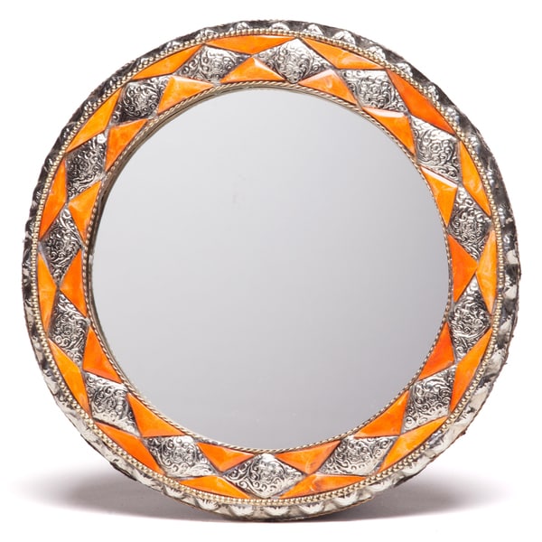 11 Inch Round Hand carved Henna Bone Moroccan Mirror (Morocco)