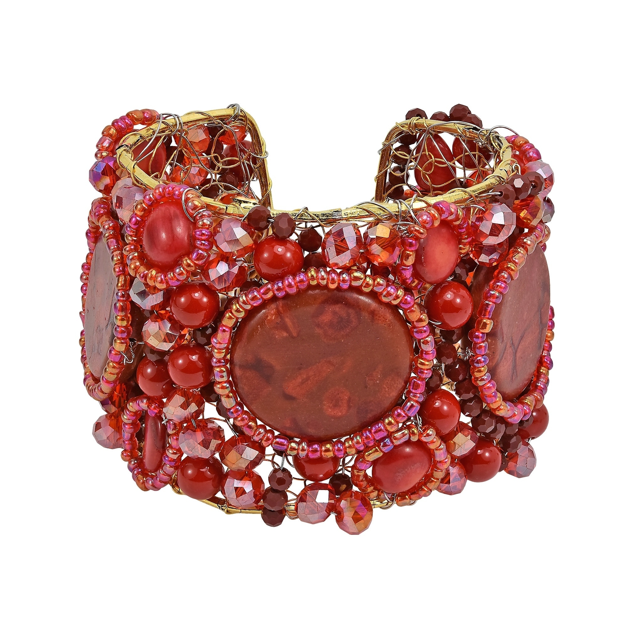 Red Coral Oval Slab Festive Stone Mesh Cuff (Thailand)