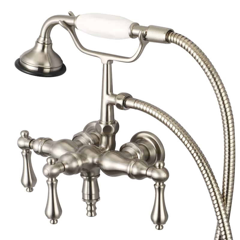 Water Creation Brushed Nickel 3 3/8-inch Center Wall Mount Tub Faucet with Down Spout, Straight Wall Connector, Handheld Shower