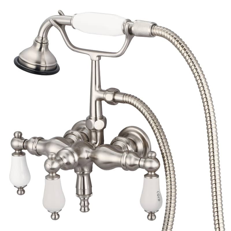 Water Creation Brushed Nickel 3 3/8-inch Center Wall Mount Tub Faucet with Down Spout, Straight Wall Connector, Handheld Shower