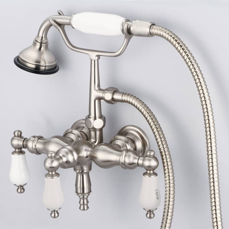 Water Creation Brushed Nickel 3 3/8-inch Center Wall Mount Tub Faucet with Down Spout, Straight Wall Connector, Handheld Shower