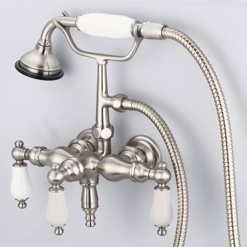 Water Creation Brushed Nickel 3 3/8-inch Center Wall Mount Tub Faucet with Down Spout, Straight Wall Connector, Handheld Shower
