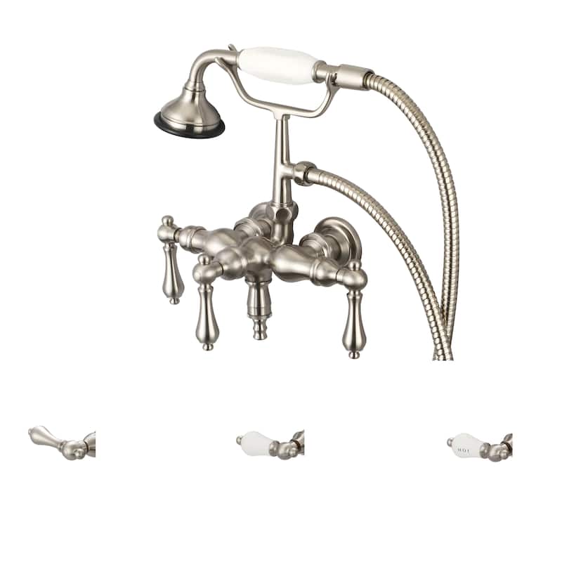 Water Creation Brushed Nickel 3 3/8-inch Center Wall Mount Tub Faucet with Down Spout, Straight Wall Connector, Handheld Shower - Hot and Cold labeled porcelain lever handles