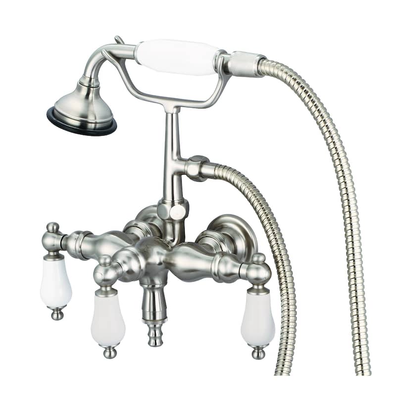 Water Creation Brushed Nickel 3 3/8-inch Center Wall Mount Tub Faucet with Down Spout, Straight Wall Connector, Handheld Shower