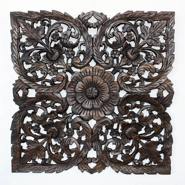 Handmade Black Carved Inlay Square Lotus Panel (Thailand)