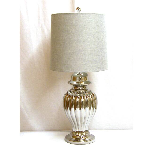 Ribbed Shiny Silver Ceramic Ginger Jar Table Lamp with Grey Linen Drum Lamp Shade