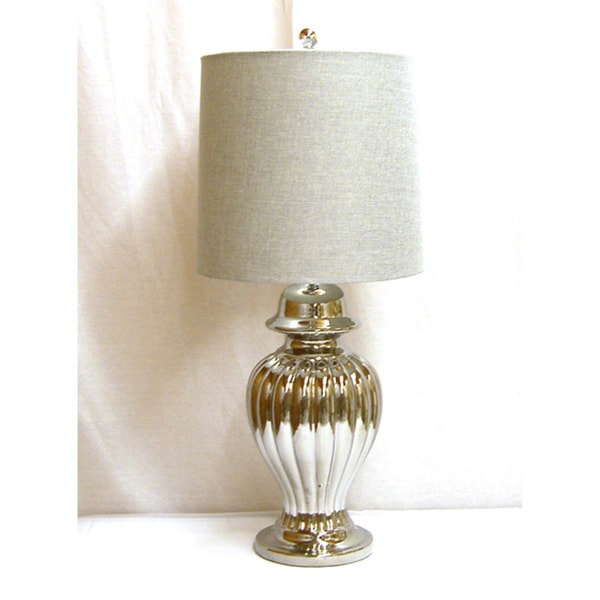 Ribbed Shiny Silver Ceramic Ginger Jar Table Lamp With Grey Ribbed Shiny Silver Ceramic Ginger Jar Table Lamp With Grey Linen Drum Shade