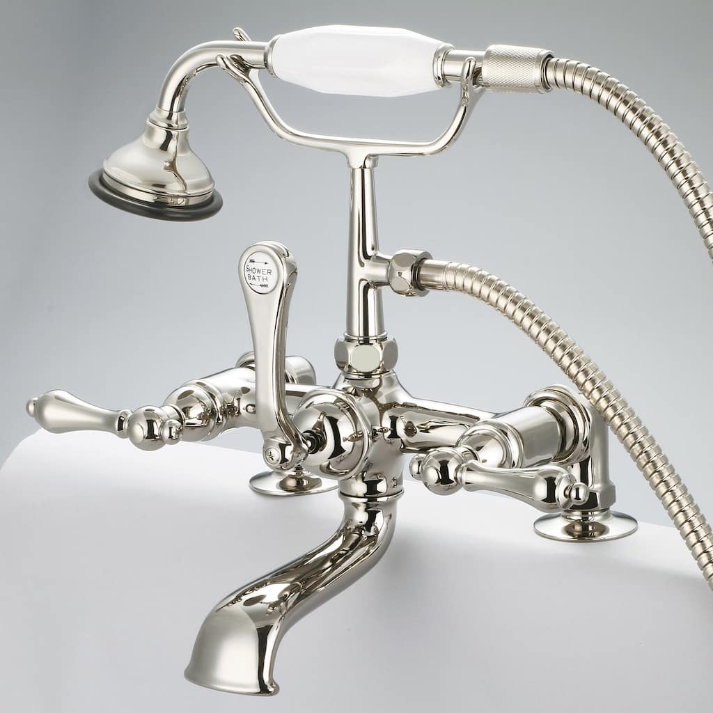 Water Creation Vintage Classic Polished Nickel PVD 7-inch Spread Deck Mount Tub Faucet With 2-inch Risers and Handheld Shower