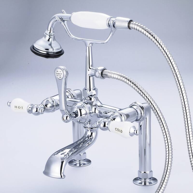 Water Creation Vintage Classic 7-inch Spread Deck Mount Tub Faucet With 6-inch Risers and Handheld Shower in Chrome Finish - Hot and Cold labeled porcelain lever handles
