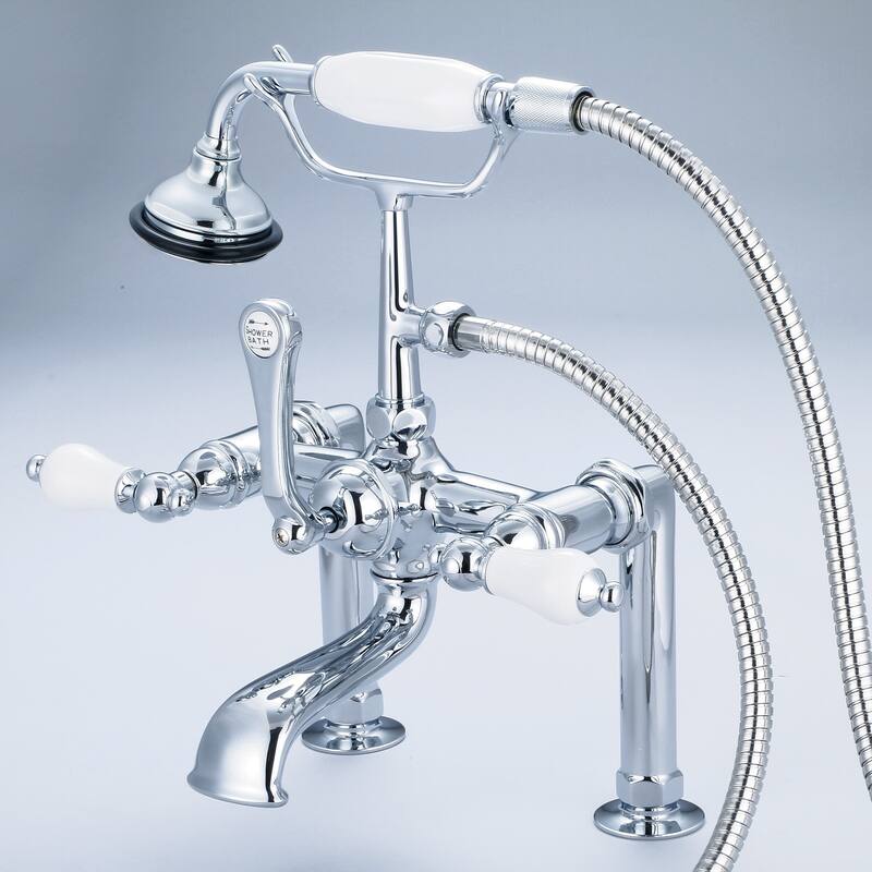 Water Creation Vintage Classic 7-inch Spread Deck Mount Tub Faucet With 6-inch Risers and Handheld Shower in Chrome Finish - Porcelain Lever Handles
