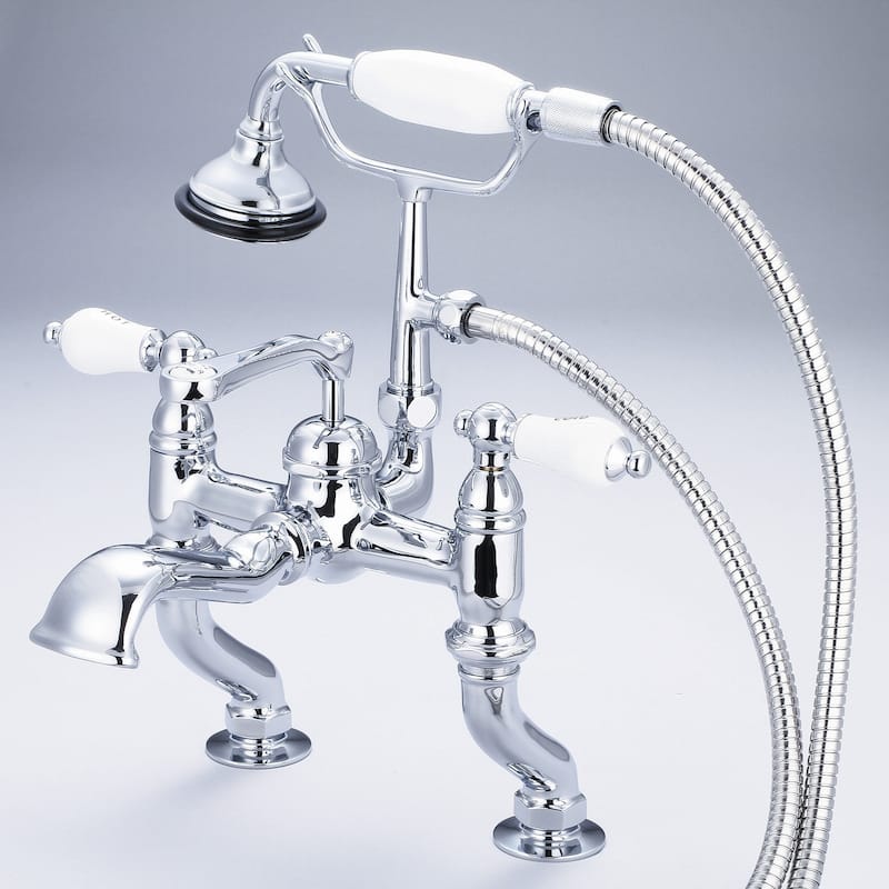 Water Creation Vintage Classic Adjustable Center Deck Mount Tub Faucet With Handheld Shower in Chrome Finish - Hot and Cold labeled porcelain lever handles