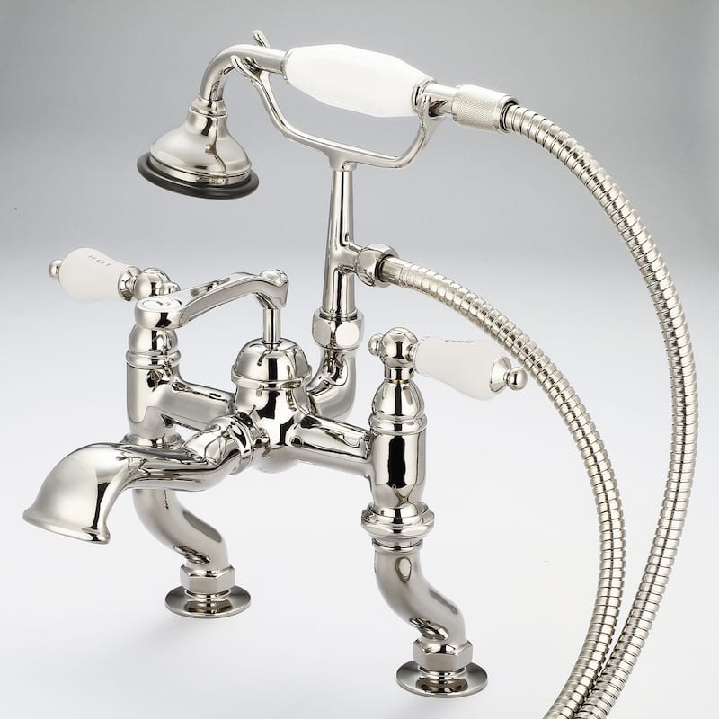 Water Creation Vintage Classic Adjustable Center Deck Mount Tub Faucet With Handheld Shower in Polished Nickel PVD Finish - Hot and Cold labeled porcelain lever handles