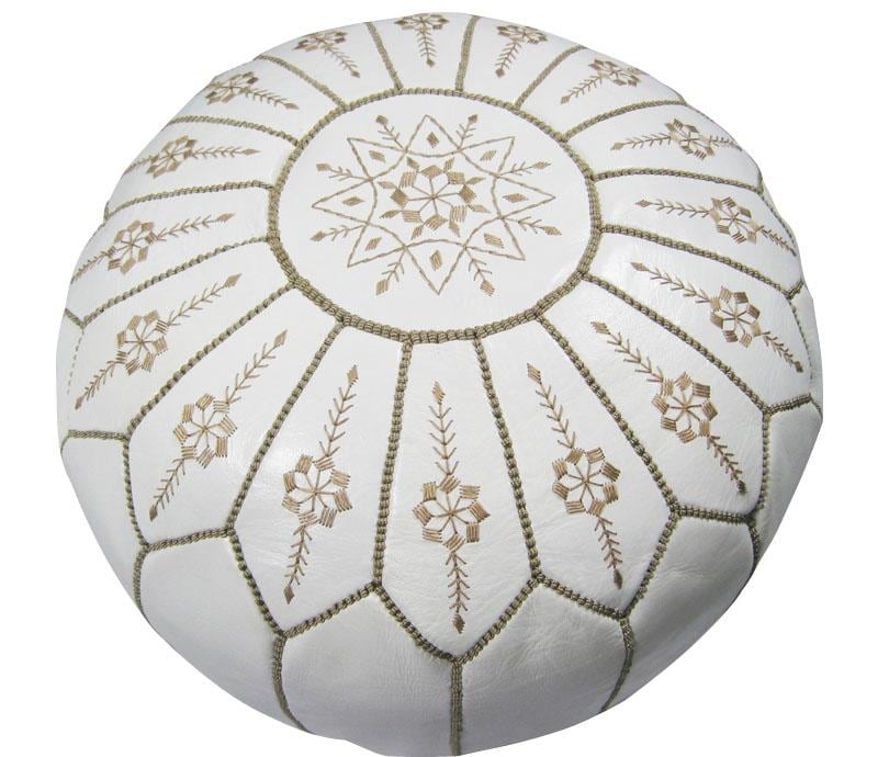 Leather White Jasmine Pouf Ottoman (Morocco)  