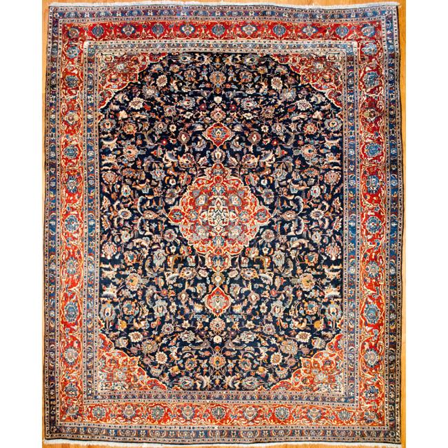 Persian Hand knotted Sarouk Navy/ Orange Wool Rug (101 x 124