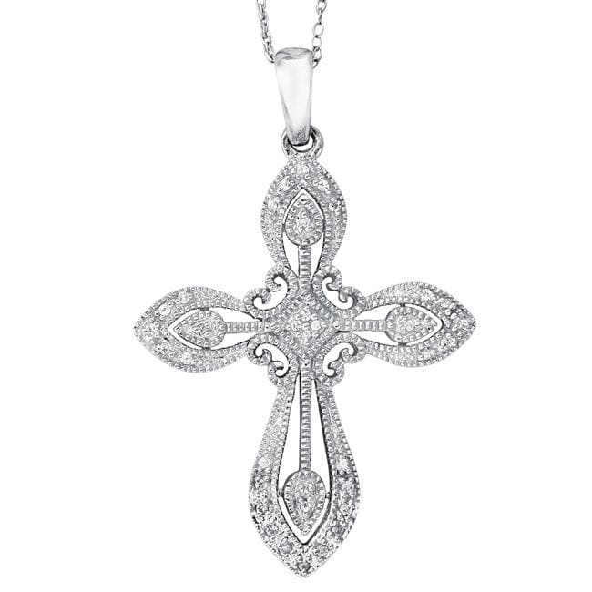 Sterling Silver 1/10ct TDW Diamond Vintage style Cross Necklace 
