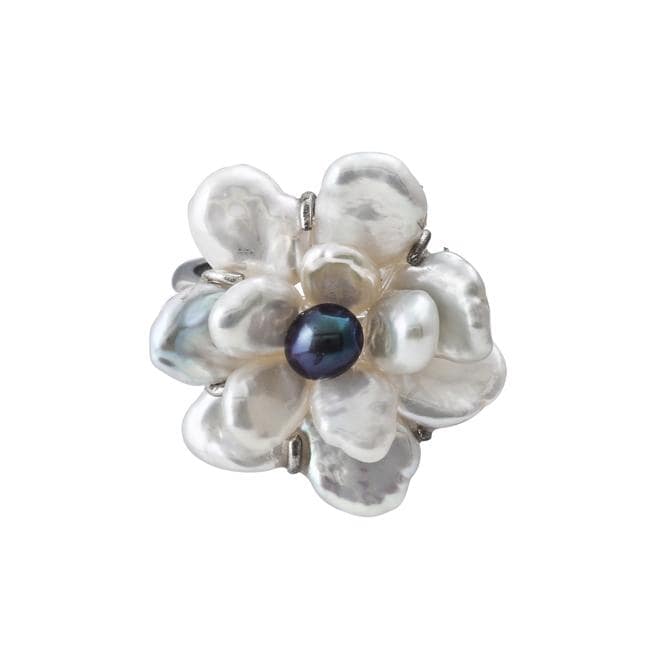 Sterling Silver White Keshi and Black Freshwater Pearl Flower Earrings 