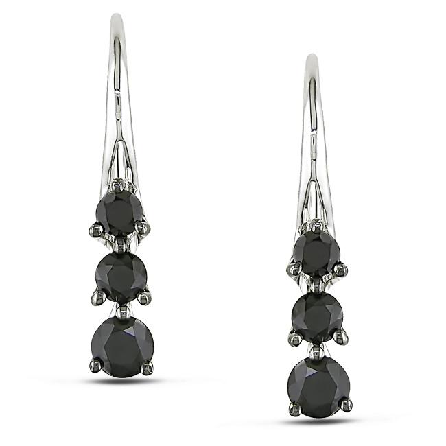 10k White Gold 1ct TDW Black Diamond 3 stone Leverback Earrings