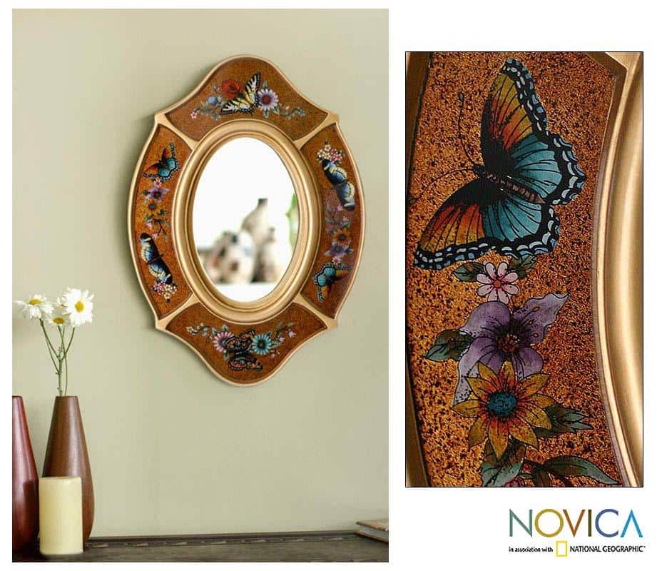 Handmade Reverse-painted Glass 'Autumn Butterfly' Wall Mirror (Peru) - Multi