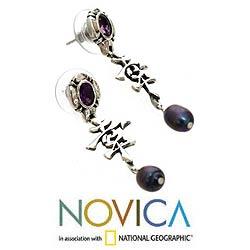 Sterling Silver Lucky Pearl and Amethyst Earrings (9mm) (Indonesia 